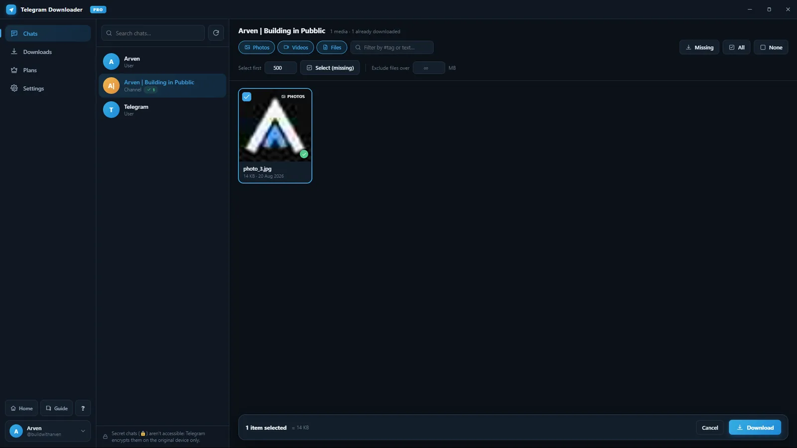 Pick a chat, filter, select what's missing, download.