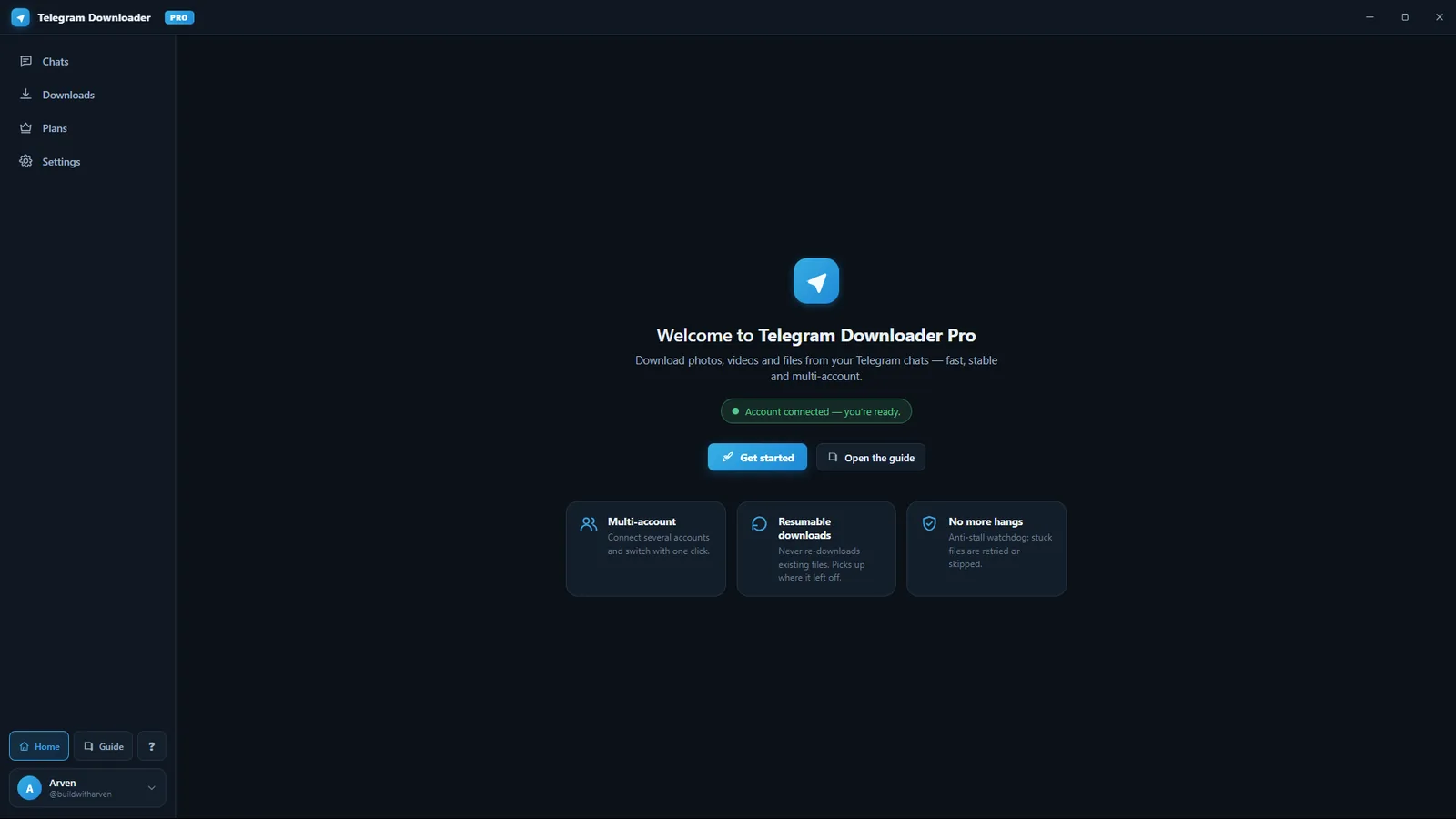 Multi-account, resumable downloads, no silent hangs.