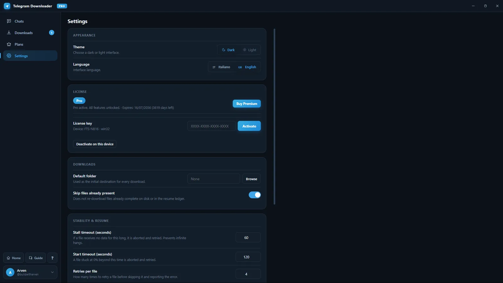 Download folder, timeouts and retries — all adjustable.